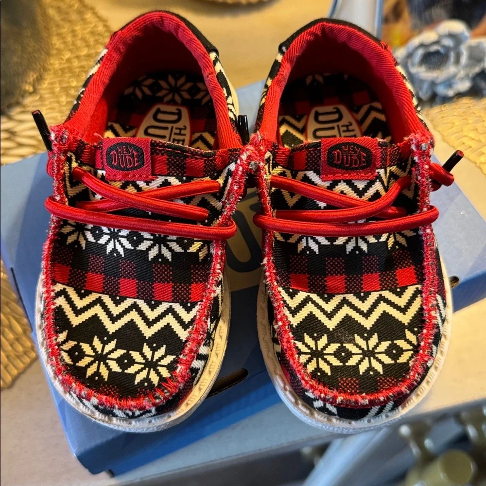Hey Dude Kids Moccasins in Red and Black Pattern